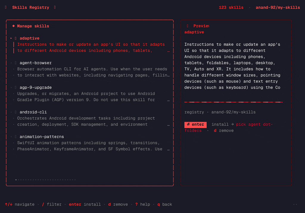 skills-registry list TUI — fuzzy-filterable skill list with a live SKILL.md preview pane, filtering as you type