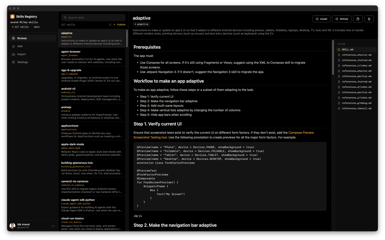 Skills Registry macOS app — three-pane layout with the skill list, rendered SKILL.md, and a per-skill file browser